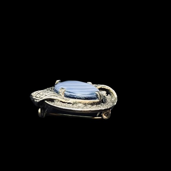 Vintage Silver Tone And Blue Swirl Glass Stone Brooch (4942) - Picture 6 of 6